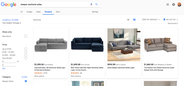 Google shopping cho phép lọc kết quả theo giá, kích thước