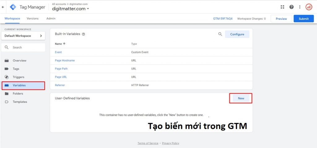 Truy cập Google Tag Manager để tạo biến mới 