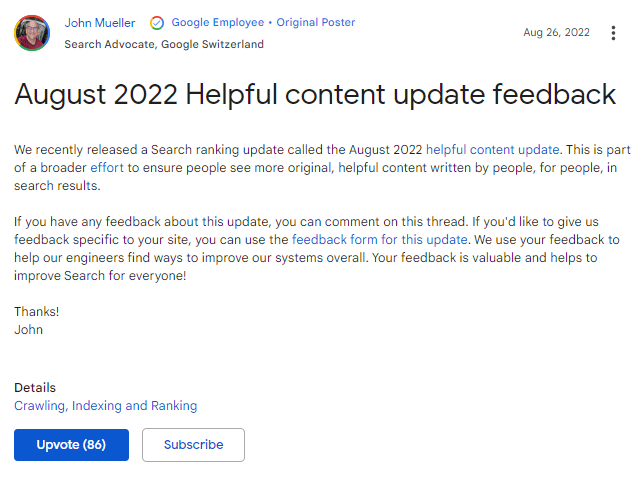 Bài update feedback từ Google