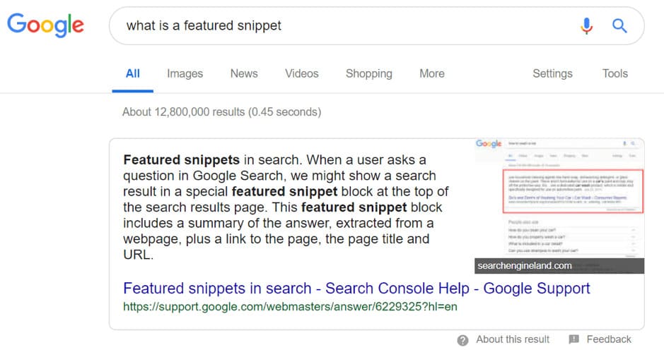 Hộp thoại Featured Snippets xuất hiện trên cùng của trang hiển thị kết quả tìm kiếm