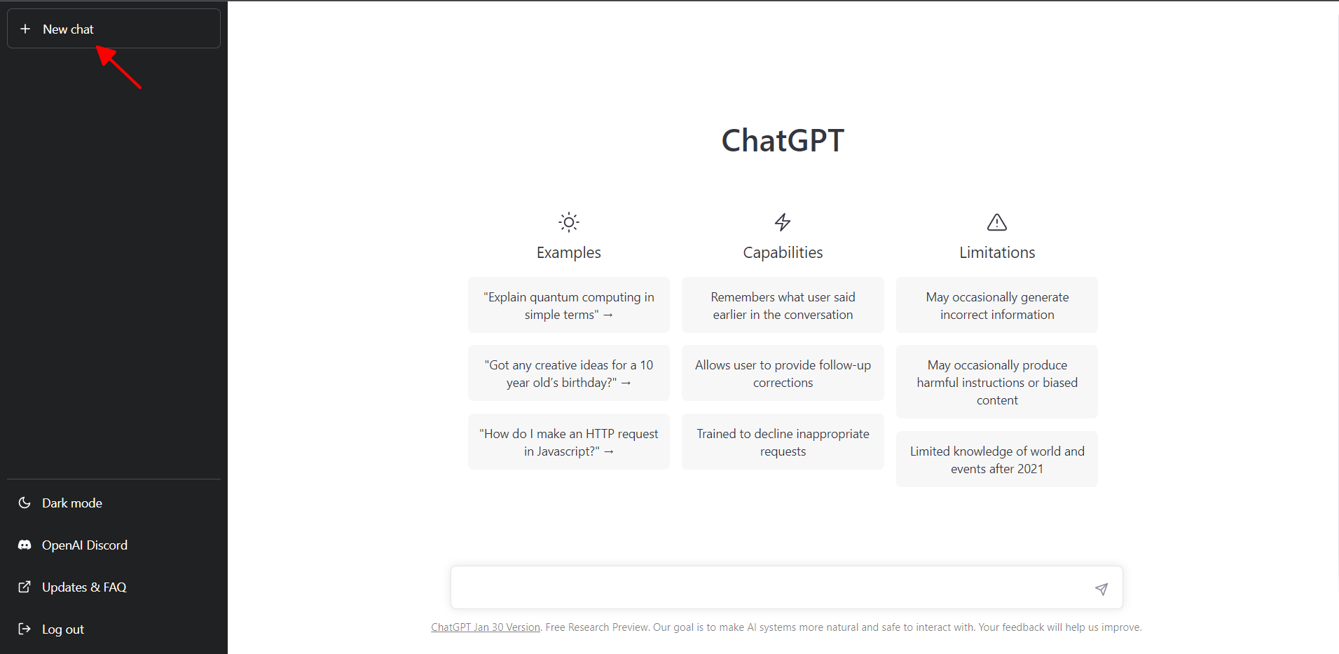 Bấm New chat để bắt đầu cuộc hội thoại mới với ChatGPT - cách dùng ChatGPT