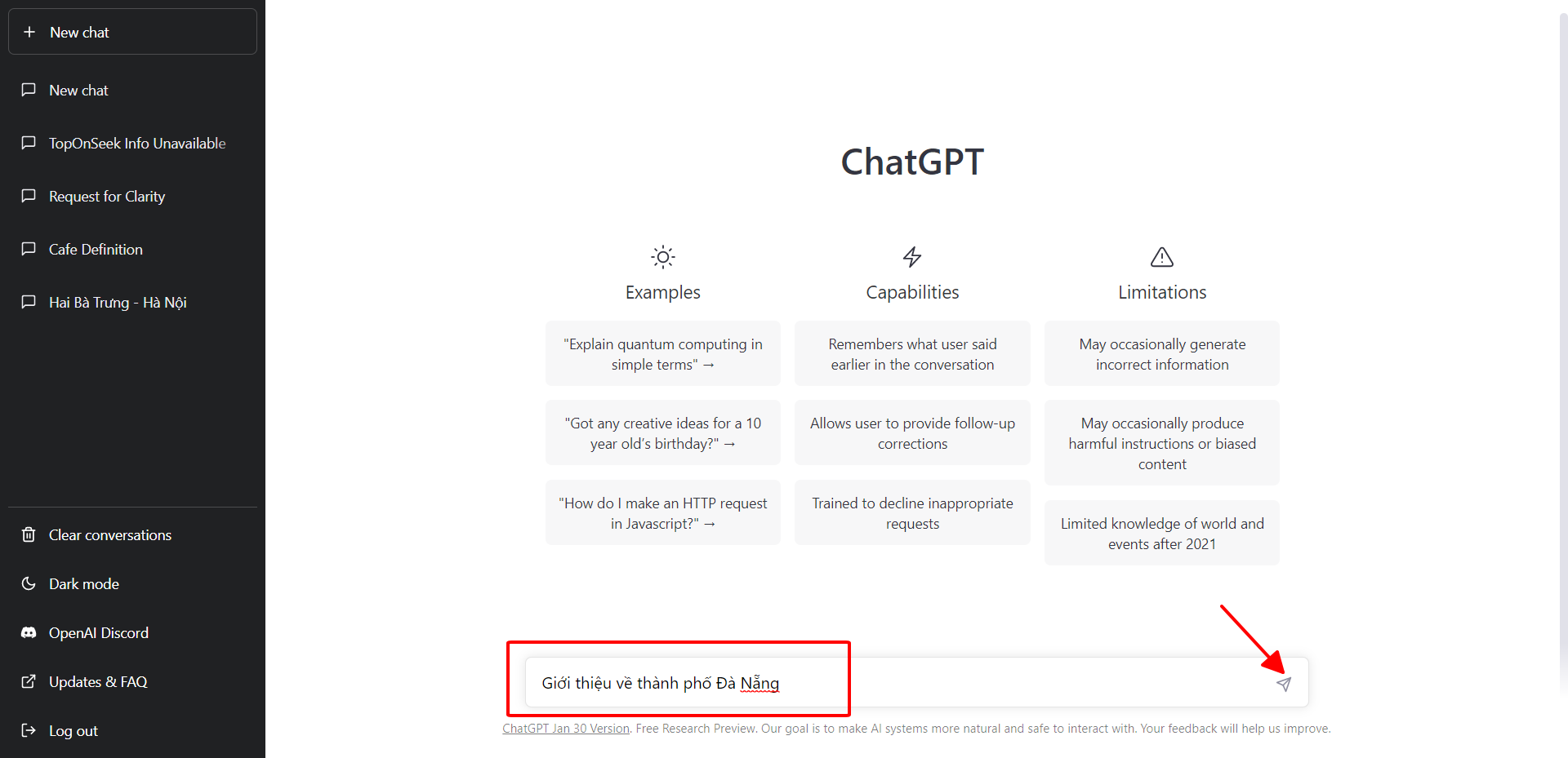Nhập nội dung vào ô trống và nhấn biểu tượng send để gửi thông tin đến ChatGPT - cách dùng ChatGPT
