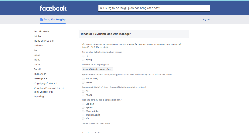 Form các nhận danh tính khi kháng cáo với Facebook