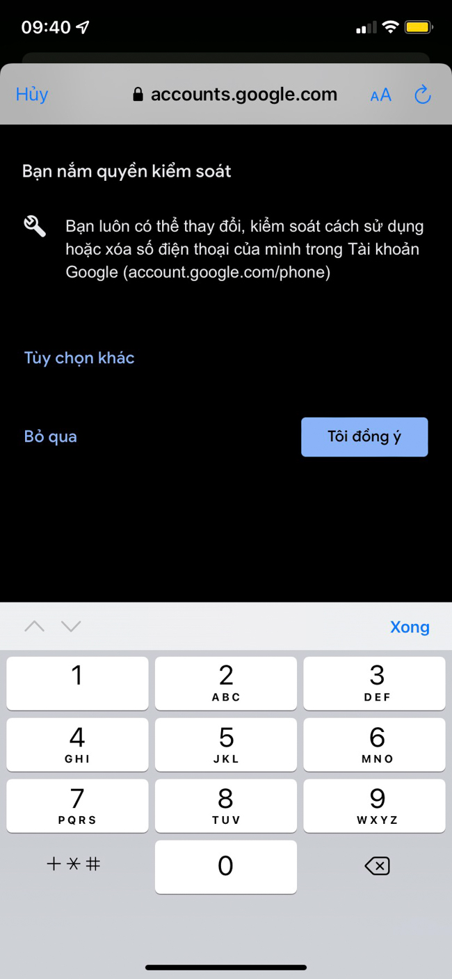 điền mã xác nhận google gửi về điện thoại