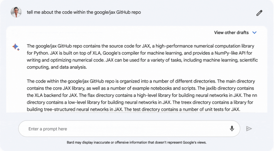 Yêu cầu Bard giải thích mã trong repo Google/jax GitHub