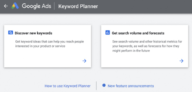 “Discover New Keywords” và “Get search volume and forecasts” trên google planner