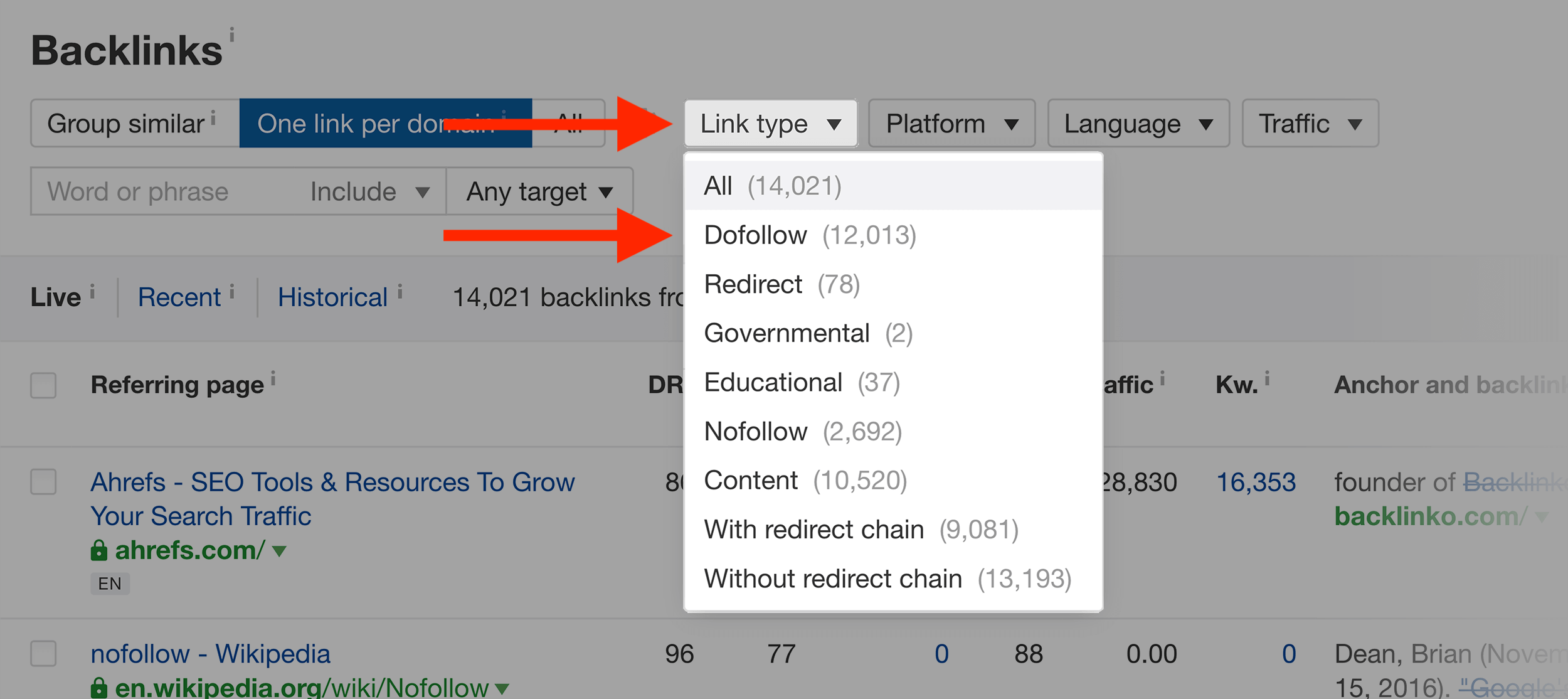 Ahrefs – Select Dofollow links only