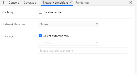 Chuyển User-Agent bằng tab Network Conditions