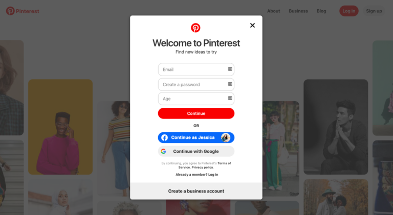 Pinterest sign up page