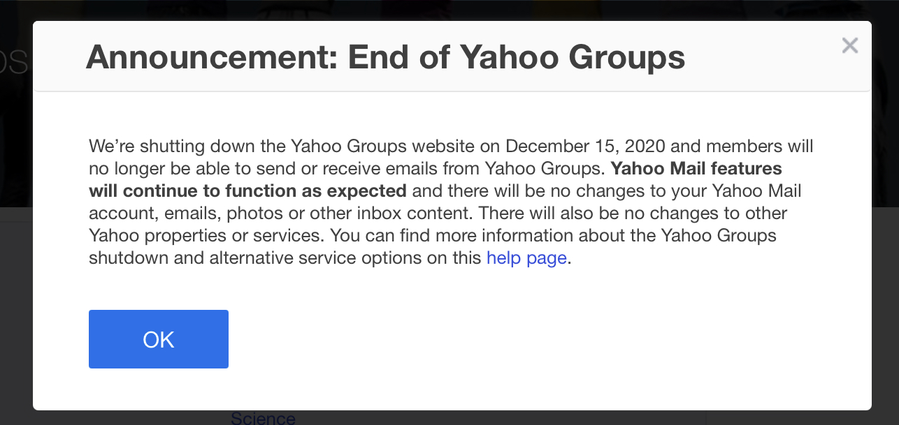 Thông báo Yahoo Groups ngừng hoạt động