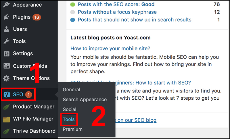 Chọn Tools trong mục SEO cách tạo file robots.txt bằng Yoast SEO