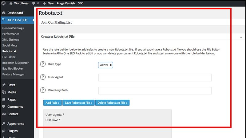 Tạo lập và điều chỉnh file robots.txt WordPress tạo file robots.txt bằng All in One SEO