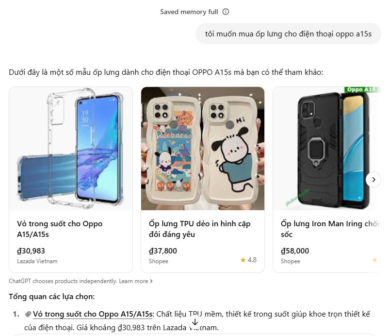 chatgpt search nâng cấp kết quả mua sắm