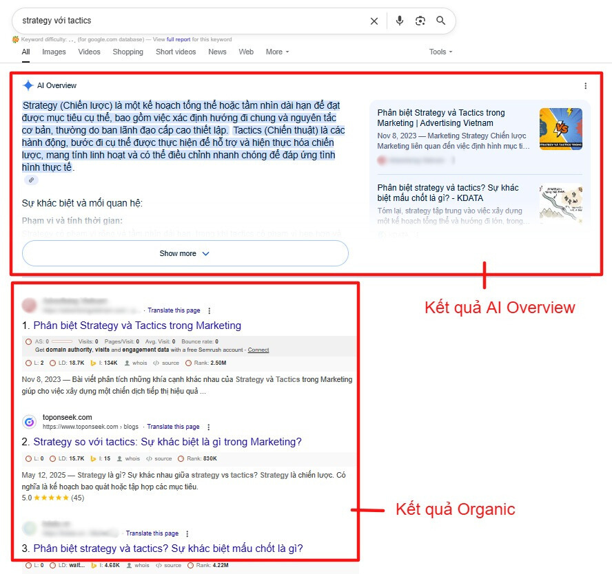 Kết quả hiển thị AI Overviews (AIO)