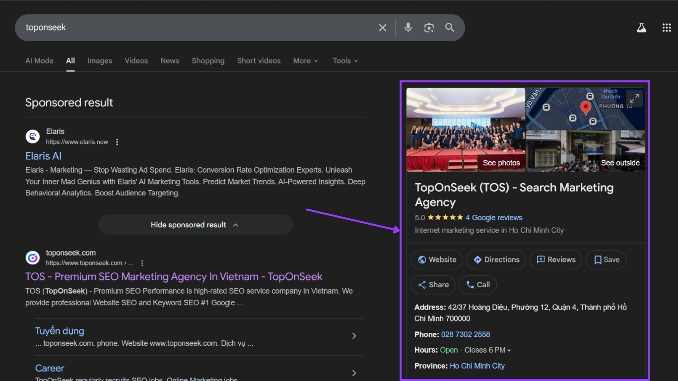 Giao diện Google Business Profile của doanh nghiệp hiển thị trên Google Search