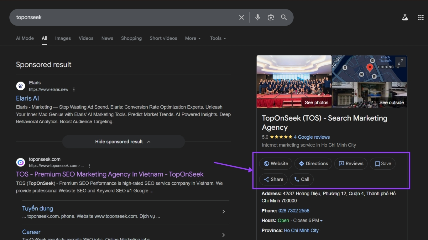 Khách hàng có thể gọi điện, truy cập trang web hoặc xem chỉ đường trực tiếp trên hồ sơ GBP