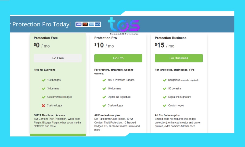 Các gói dịch vụ DMCA Protection miễn phí và trả phí