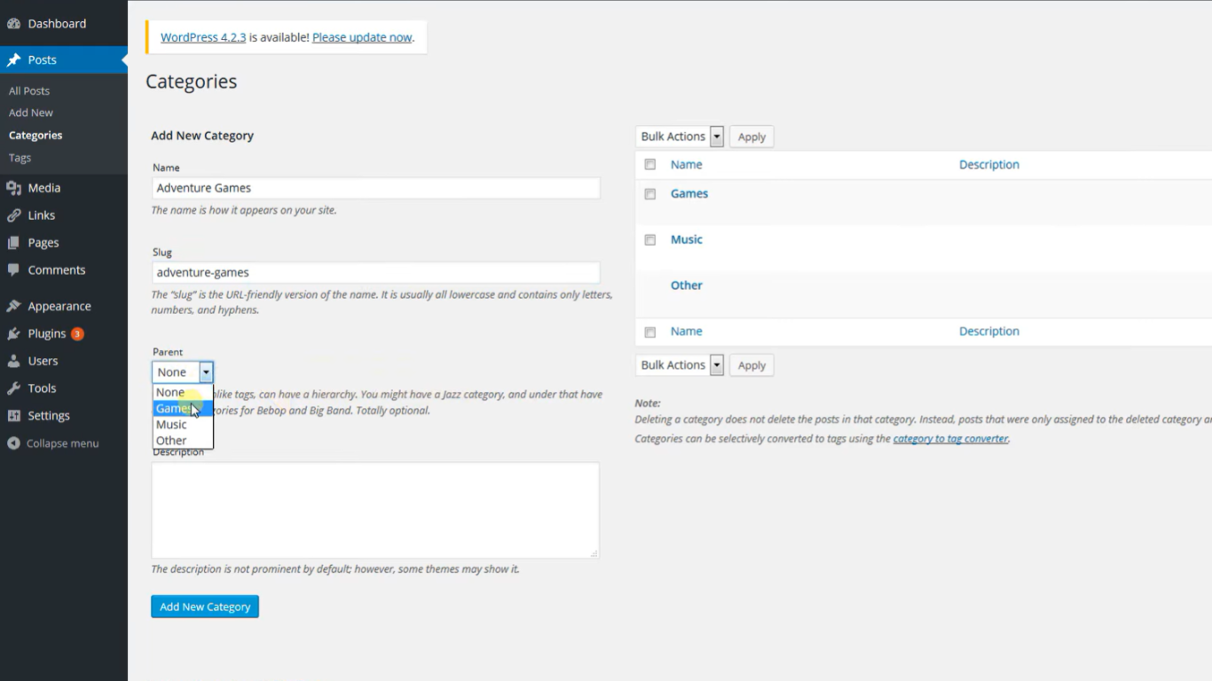 Tạo sub-category gần như tương tự cách tạo category 
