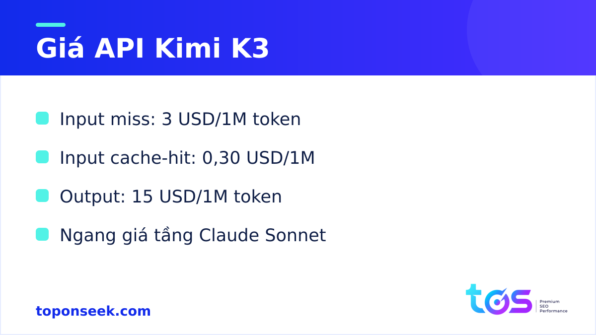 Bảng giá API Kimi K3 theo triệu token input, cache-hit và output