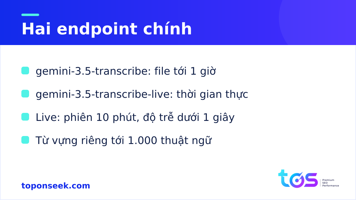 Hai endpoint của Gemini 3.5 Transcribe: file và live