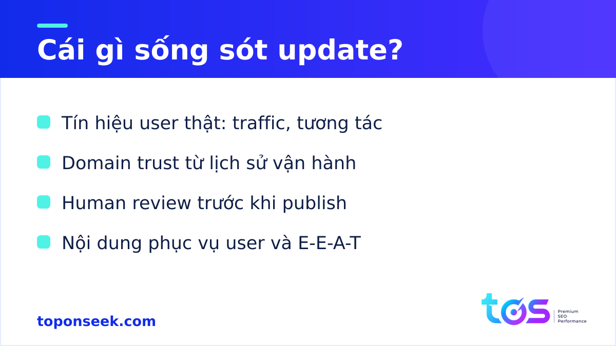 Cái gì sống sót Google spam update: tín hiệu user, domain trust, human review, E-E-A-T