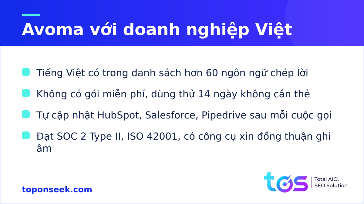 Avoma với doanh nghiệp Việt: hỗ trợ tiếng Việt, dùng thử 14 ngày, tích hợp CRM