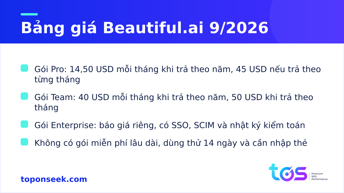 Bảng giá Beautiful.ai tháng 9/2026 gồm gói Pro, Team và Enterprise
