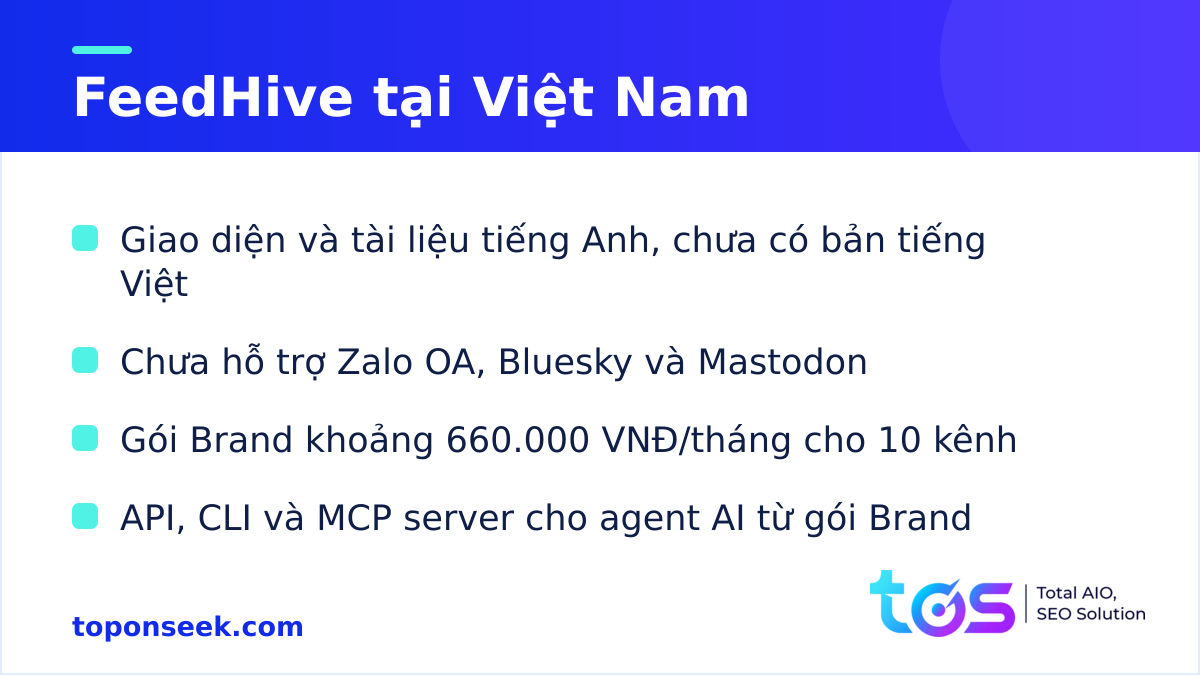 FeedHive tại Việt Nam: ngôn ngữ, Zalo, chi phí và API cho agent AI