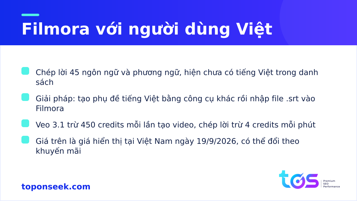 Lưu ý khi dùng Filmora tại Việt Nam: ngôn ngữ chép lời, phụ đề .srt và AI credits