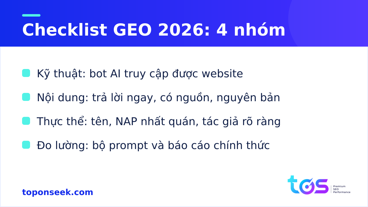 Checklist tối ưu GEO 2026 theo 4 nhóm: kỹ thuật, nội dung, thực thể và đo lường
