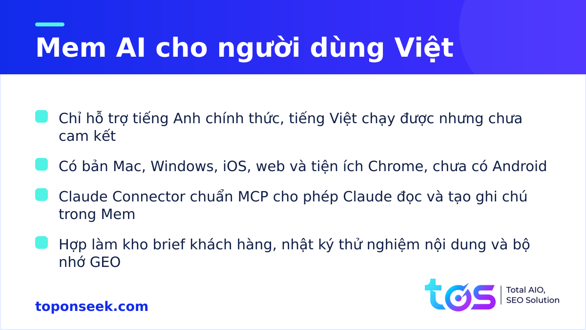 Mem AI cho người dùng Việt: hỗ trợ ngôn ngữ, nền tảng, Claude Connector và ứng dụng cho marketer