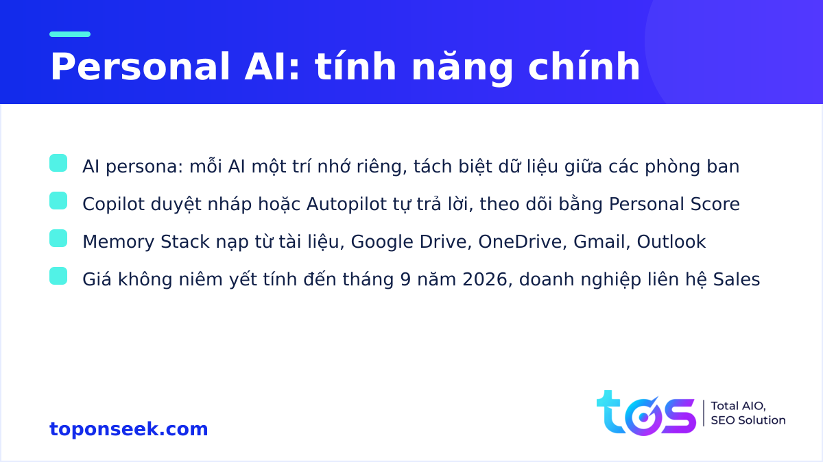 Tính năng chính của Personal AI: AI persona, Copilot và Autopilot, Memory Stack, giá liên hệ Sales