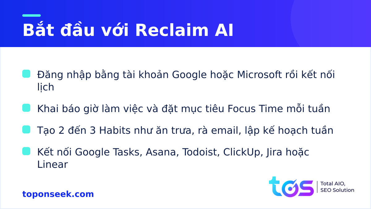 Các bước bắt đầu dùng Reclaim AI với Google Calendar hoặc Outlook