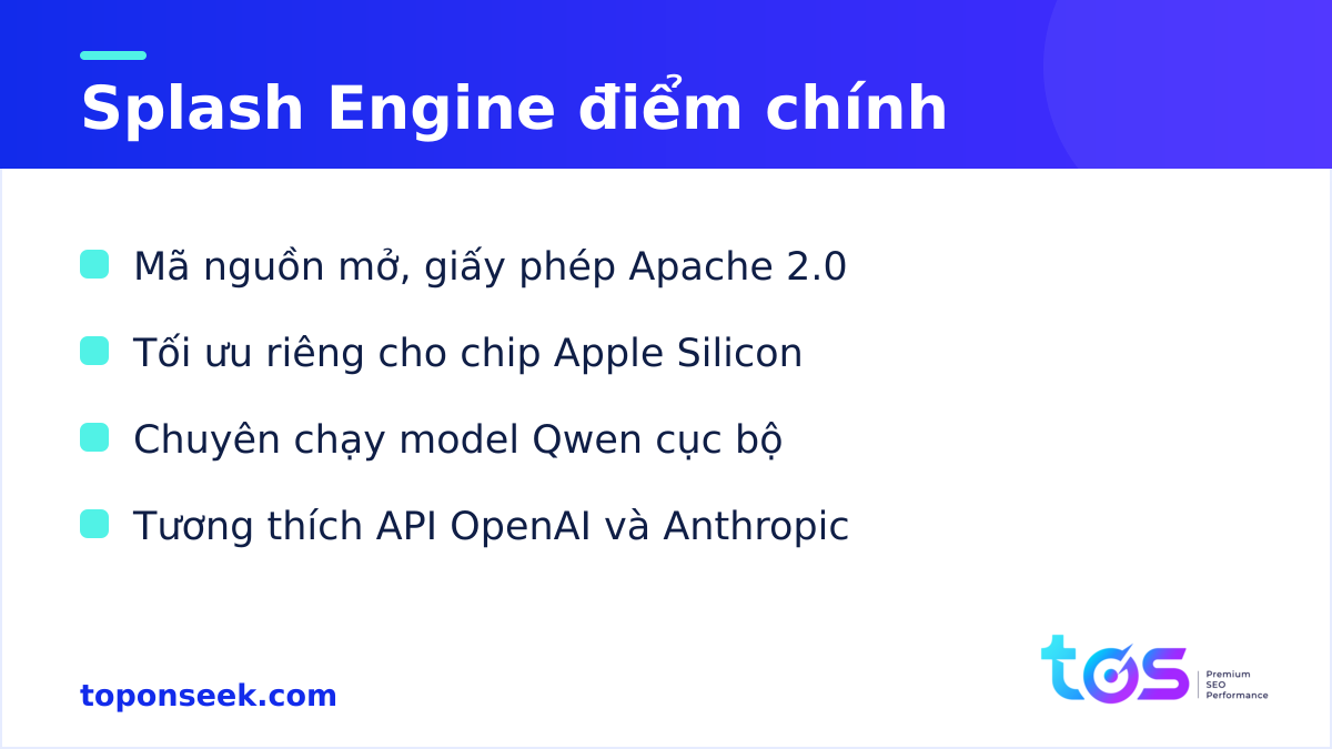 Splash Engine điểm chính: mã nguồn mở, tối ưu Apple Silicon, chạy Qwen cục bộ