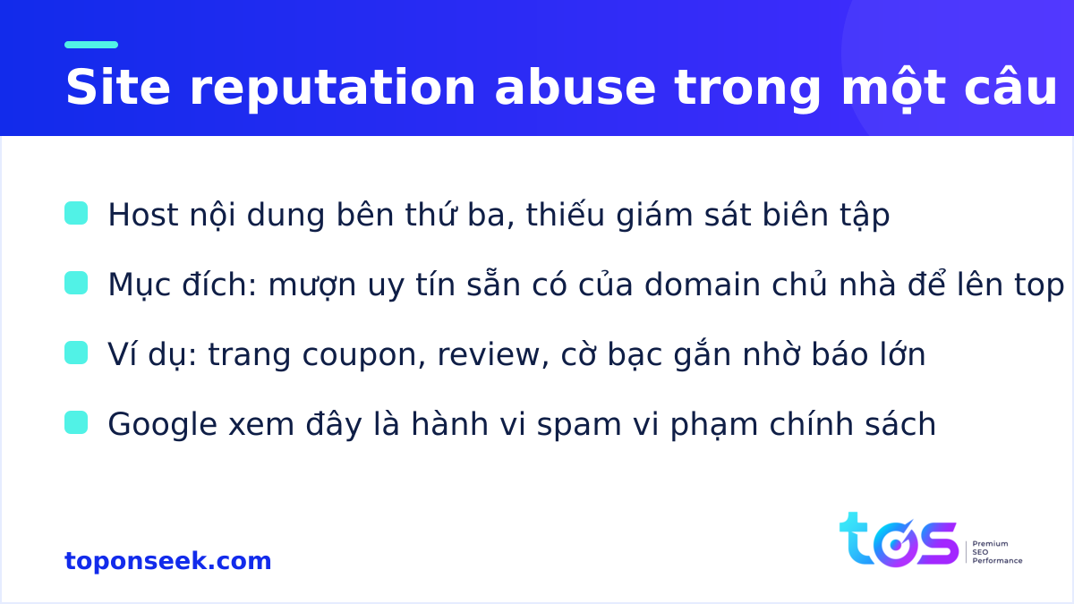 Site reputation abuse (parasite SEO): host nội dung bên thứ ba mượn uy tín domain để lên top