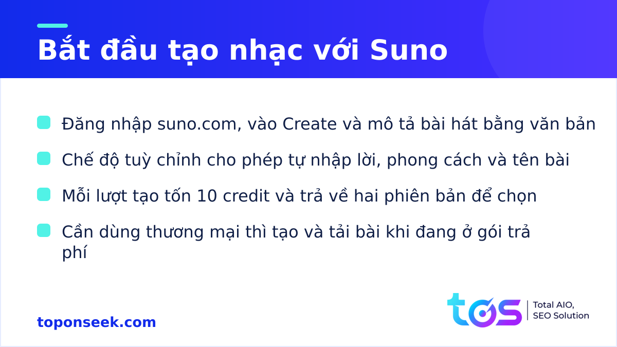 Các bước bắt đầu tạo nhạc với Suno và lưu ý về quyền thương mại