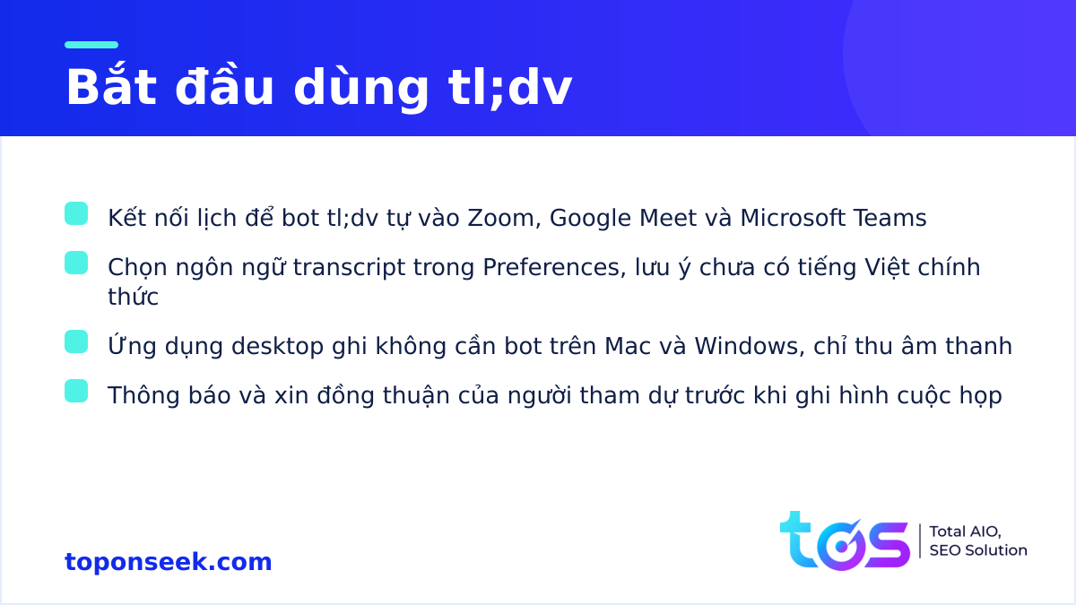 Các bước bắt đầu dùng tl;dv và lưu ý về ngôn ngữ transcript