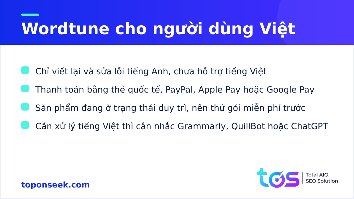 Wordtune tại Việt Nam: chưa hỗ trợ tiếng Việt, thanh toán và lựa chọn thay thế