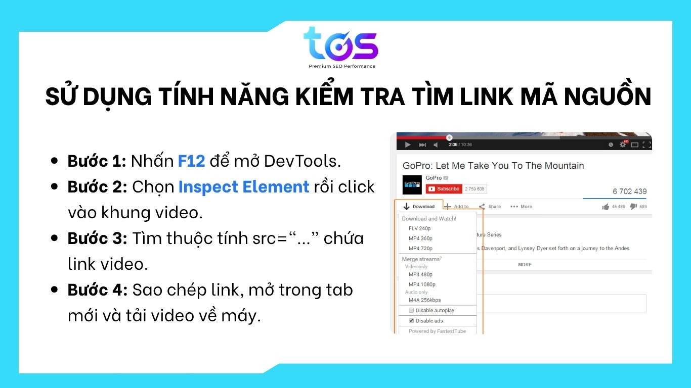 Tải video trên website bằng tính năng kiểm tra tìm link mã nguồn