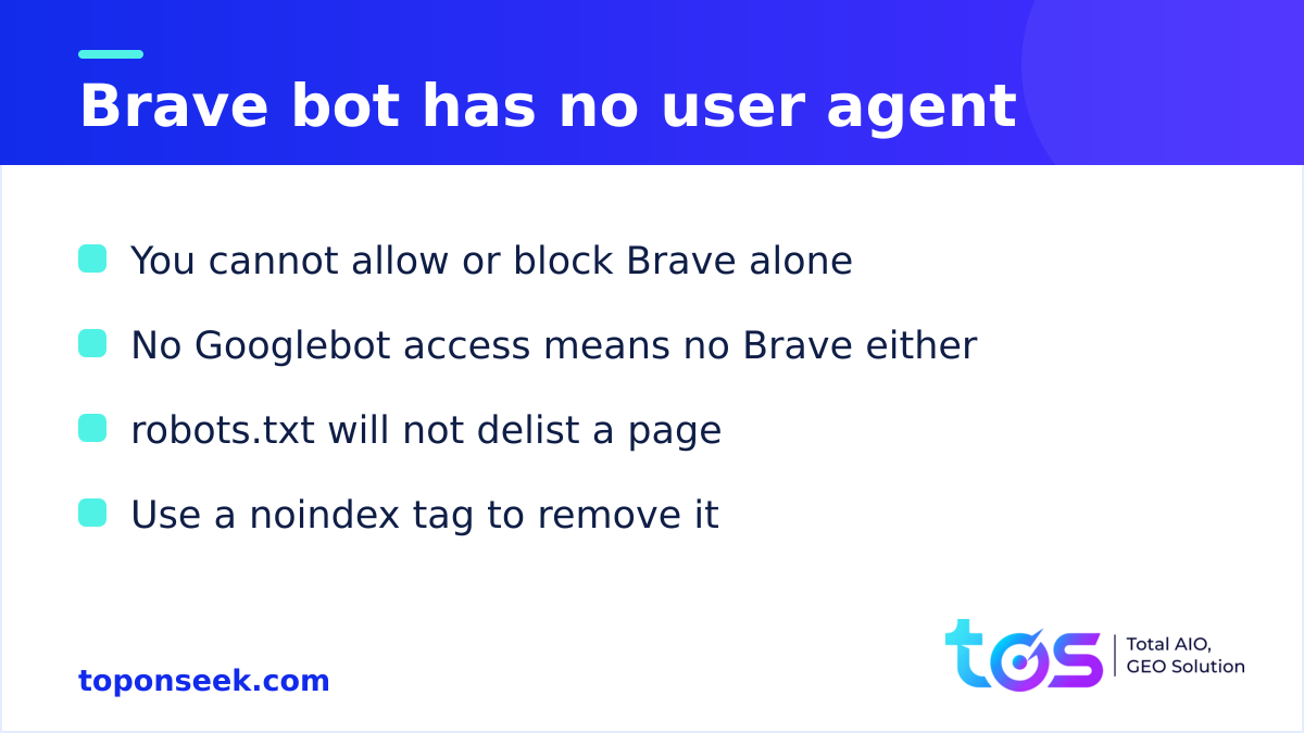 Brave Search bot advertises no distinct user agent: you cannot allow or block Brave alone, no Googlebot access means no Brave either, robots.txt will not delist a page, use a noindex tag to remove it