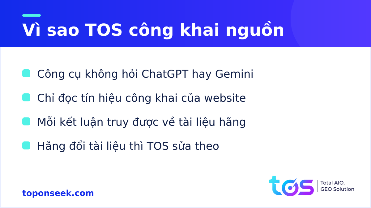 Vì sao TOS công khai nguồn: công cụ không hỏi ChatGPT hay Gemini, chỉ đọc tín hiệu công khai của website, mỗi kết luận truy được về tài liệu hãng, hãng đổi tài liệu thì TOS sửa theo